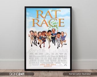 May include: Framed "Rat Race" film poster with cartoon characters against a blue sky. The title is in orange with green dollar bills. The poster includes the text "JOIN THE RACE AUGUST". The frame is black.