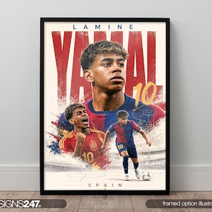 May include: A framed poster featuring Lamine Yamal with the text Lamine Yamal and Spain. The artwork displays three images of the footballer in red and blue kits, the number 10 in yellow, and a stadium background with a tactical diagram overlay.