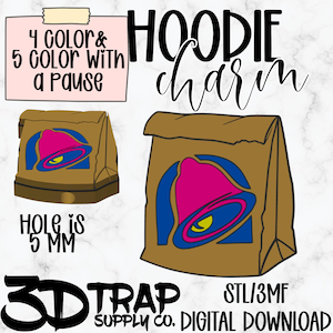 Puede incluir: Gráfico de descarga digital que presenta una bolsa de papel marrón con un logotipo de campana rosa, azul y amarillo. El texto incluye "HOODIE charm", "4 COLOR & 5 COLOR WITH a PAUSE", "HOLE is 5 MM", "3D TRAP SUPPLY CO. DIGITAL DOWNLOAD" y "STL/3MF".