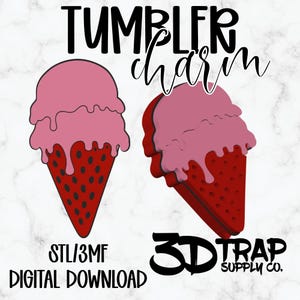 Puede incluir: Un gráfico de descarga digital con dos diseños de cono de helado. El helado es rosa con un goteo rosa más oscuro, y el cono es rojo con puntos negros. El texto incluye "TUMBLER charm", "STL/3MF DIGITAL DOWNLOAD" y "3D TRAP SUPPLY CO."