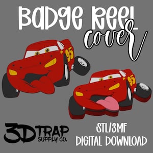 May include: A digital download image featuring two red cartoon race cars with the number 95 on them. The text "BADGE REEL cover" is at the top, and "3D TRAP SUPPLY CO." and "STL/3MF DIGITAL DOWNLOAD" are at the bottom.