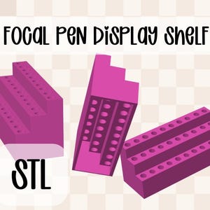 Könnte beinhalten: Drei magentafarbene Stifthalter. Die Regale sind mit mehreren Ebenen und Löchern zur Aufnahme von Stiften ausgestattet. Der Text "Focal Pen Display Shelf" steht oben und "STL" unten.