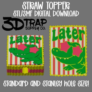 May include: Digital download of a straw topper featuring a green alligator wearing pink star-shaped sunglasses. The design includes the word "Later" and is available in standard and Stanley hole sizes. The image also includes the text "3D Trap Supply Co."