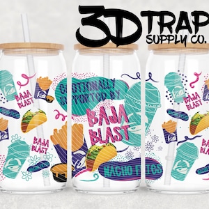 May include: Clear glass beverage tumbler with a bamboo lid and straw. The tumbler features a colorful design with the words "BAJA BLAST" and food graphics. The text "3D TRAP SUPPLY CO." is at the top.