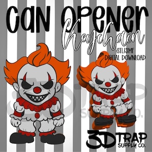 May include: A digital graphic featuring a clown character with orange hair, a white face, red nose, and sharp teeth. The text reads CAN OPENER keychain, STL/3MF DIGITAL DOWNLOAD, and 3D TRAP SUPPLY CO. The background consists of vertical gray and white stripes.