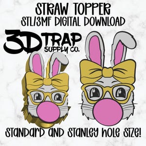 Puede incluir: Imagen de descarga digital de un adorno para pajitas con forma de conejito, con lazo amarillo, gafas y burbuja de chicle rosa. El texto dice "STRAW TOPPER STL/3MF DIGITAL DOWNLOAD" y "STANDARD AND STANLEY HOLE SIZE!"