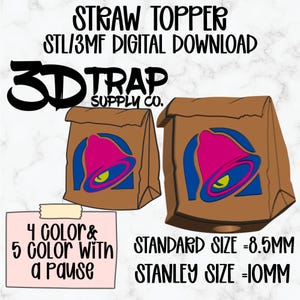 Könnte beinhalten: Digitaler Download-Bild mit zwei braunen Papiertüten-Designs mit einem rosa und blauen Glockenlogo. Text enthält "STRAW TOPPER", "3D TRAP SUPPLY CO." und Größenangaben: Standard 8,5 mm, Stanley 10 mm. Enthält auch "4 COLOR & 5 COLOR WITH a Pause."