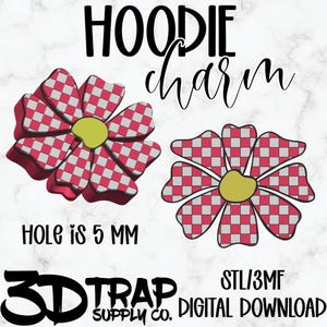 Puede incluir: Imagen digital de dos colgantes para sudadera con capucha en forma de flor, con un diseño a cuadros rojos y blancos y centros amarillos. El texto dice "HOODIE charm", "HOLE is 5 MM" y "STL/3MF DIGITAL DOWNLOAD".