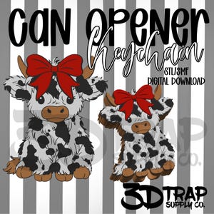 May include: Two cartoon Highland cow keychains with red bows, black and white spots, and brown horns and hooves. The text "CAN OPENER Keychain" is above the cows, and "STL/3MF DIGITAL DOWNLOAD" is to the right. The background has gray and white stripes.