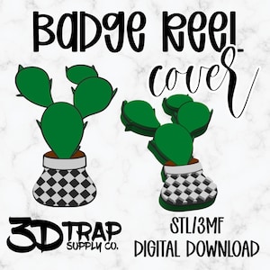 Könnte beinhalten: Ein digitales Download-Bild mit zwei grünen Kaktus-Badge-Rollen-Abdeckungen. Die Kakteen befinden sich in Töpfen mit einem schwarz-weißen Schachbrettmuster. Der Text "BADGE REEL COVER" steht oben, und "3D TRAP SUPPLY CO." und "STL/3MF DIGITAL DOWNLOAD" stehen unten.