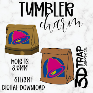 Könnte beinhalten: Digitaler Download eines Tumbler-Charm-Designs. Das Design zeigt zwei braune Papiertüten-Illustrationen mit dem Taco Bell-Logo. Der Text enthält "TUMBLER charm", "hole is 3.5MM", "STL/3MF" und "DIGITAL DOWNLOAD".