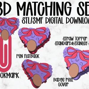 May include: Digital download set featuring a bookmark, pen flatback, straw topper, and badge reel cover. Each design has a purple heart shape with a red bow and a tan oval. The text "3D MATCHING SET" and "STL/3MF DIGITAL DOWNLOAD" are visible.