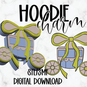 May include: Digital download graphic featuring a carriage design with a large bow and wheels. The carriage is light blue with tan and yellow accents. Text includes "HOODIE charm" and "STL/3MF DIGITAL DOWNLOAD".