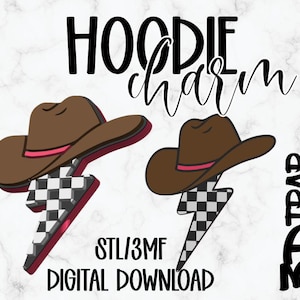 May include: Digital download graphic featuring two brown cowboy hats with pink trim atop a black and white checkered lightning bolt. The text "HOODIE charm" is above the hats, and "STL/3MF DIGITAL DOWNLOAD" is below.