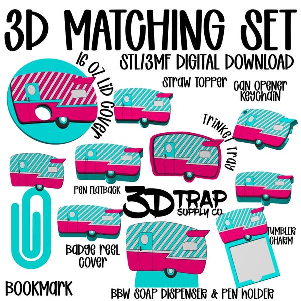 Camper 3D SET Accessory Set STL Files | Pen, Badge Reel, Straw Toppers (Digital Download)