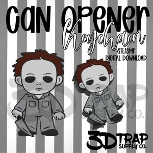 May include: A digital download file for a can opener keychain featuring a cartoon character with dark hair, a grey jumpsuit, and a knife. The text reads CAN OPENER keychain STL/3MF DIGITAL DOWNLOAD and 3D TRAP SUPPLY CO. on a grey and white striped background.