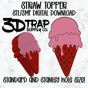 Puede incluir: Imagen digital de adornos para pajitas con forma de fresa. Uno es una representación 3D, el otro un diseño plano. Ambos tienen un cono rojo con puntos negros y una parte superior de fresa rosa. El texto incluye "STRAW TOPPER" y "3D TRAP SUPPLY CO.".