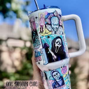 Horror Movie Tumbler | Spooky Slasher Design | Stainless Steel with Handle | Available in 20 oz, 30 oz & 40 oz