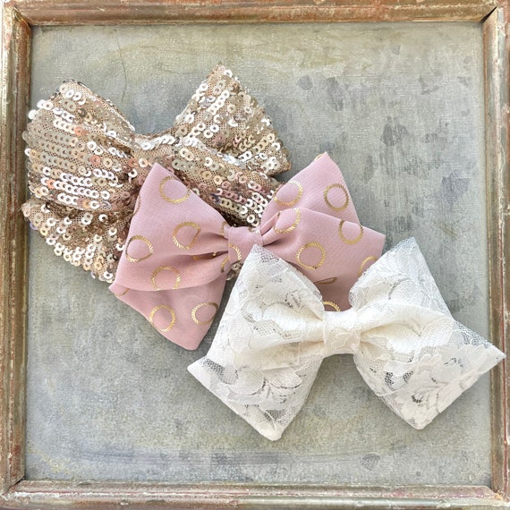 Classic Hair Bow- Champagne Sparkle, Rose Gold, Ivory Lace 