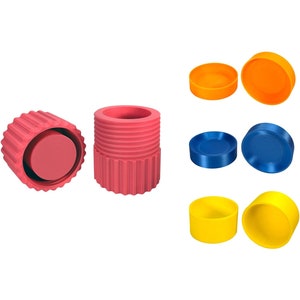 May include: Assortment of colorful plastic caps, including red, orange, yellow, and blue. The caps are designed for various uses, such as sealing containers or protecting surfaces.