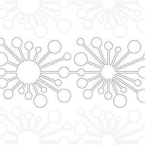 May include: A repeating pattern of white, stylized starburst shapes with circular and linear elements. The design features a series of interconnected starbursts, creating a symmetrical and abstract visual effect. The background is white.