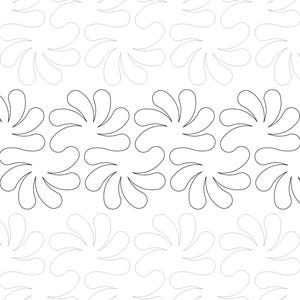 Könnte beinhalten: Ein sich wiederholendes Muster aus stilisierten floralen Formen in hellgrauer Umrandung auf weißem Hintergrund. Ein zentrales Band aus dunkleren grauen floralen Formen ist horizontal zentriert. Geeignet für Stoff oder Tapete.