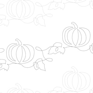 Puede incluir: Un patrón repetitivo de calabazas y hojas en un estilo de dibujo de línea continua. Las calabazas están estilizadas con líneas verticales, y las hojas tienen formas simples y curvas. El diseño está en tonos grises sobre un fondo blanco, creando un tema otoñal minimalista.