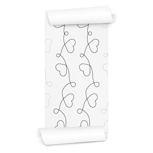 May include: White wallpaper roll with a repeating pattern of black, continuous-line hearts and swirls. The wallpaper is partially rolled, revealing the design. The background is white, and the hearts are evenly spaced.