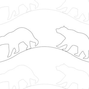May include: A repeating pattern of bear silhouettes in a minimalist style. The bears are depicted in a walking pose, outlined in black against a white background. The design features a wavy line, suggesting a landscape.