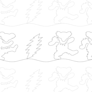 May include: A repeating pattern of dancing bears and stylized fir trees in a minimalist, line art style. The bears have a distinctive, shaggy design. The image is in black and white, with a clean, uncluttered aesthetic.