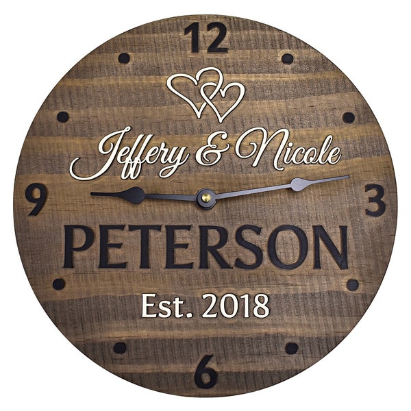 1st Anniversary Gift for Him and Her.  Personalized Wall Clock for Couple.  Custom Made Rustic Wedding Gift with Names and Established Year.