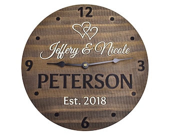 5th Anniversary Gift for Him or Her.  11 Inch Personalized Wooden Clock for Couple.  Unique Wood Anniversary Gift for Wife or Husband.