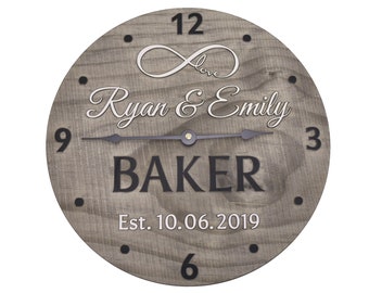 11 Inch Wedding Anniversary Clock with Infinity Symbol.  Personalized with First Names, Last Name, and Established Date of Husband and Wife.