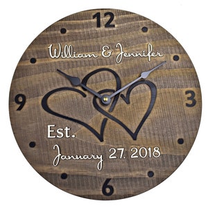 Personalized Wooden Anniversary Clock: Rustic Barnwood Style with Names, Date, and Interlocking Hearts
