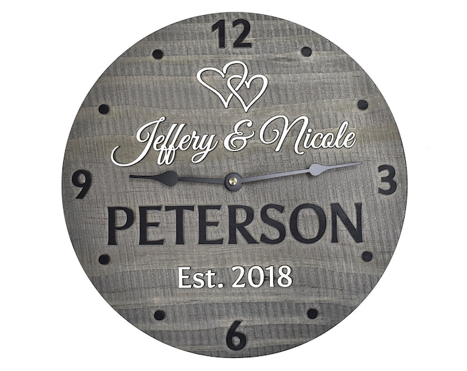 One of a Kind Anniversary Gift for Wife and Husband. 11 Inch Personalized Wooden Clock for Couple. Custom Made to Order.