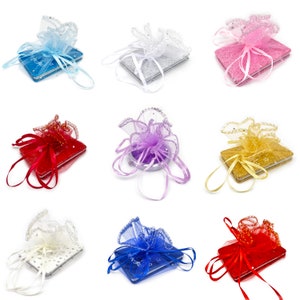 Bolsas de regalo de organza redondas únicas con cordón de 10 pulgadas y cinta de satén para joyería, dulces, bombones, recuerdos de boda, baby shower y bautismo.