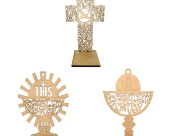 Cáliz de Primera Comunión de 8 o 12 pulgadas con diseño de paloma del Santo Grial/Espíritu Santo, cruz de madera cortada con láser, oración, religión/recuerdo de bautismo.