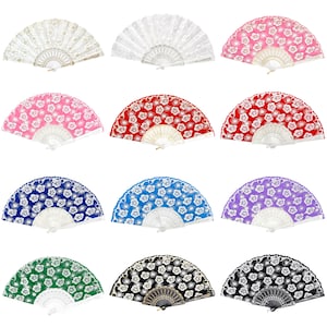 Beautiful Design on Color Lace Summer Glitter Foldable Hand Fan with Gold/Silver Accents/Wedding gift/Religious party favor/Spanish Style