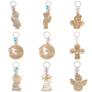 Taufe Favor Holz Engel Boy & Girl Design Laser Cut Schlüsselbund Recuerdos de Bautizo Kommunion Sweet 15 Favor / Geschenk für Gast