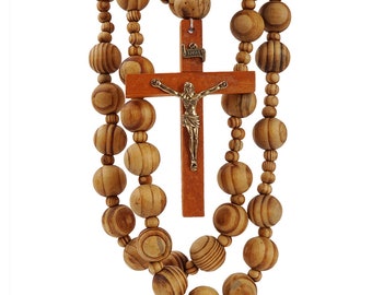 40" large wall wood Rosary holy catholic Prayer Big Beads Sanctified Jesus Metal Cross/Catholic Gift /Natural Wood Jesus  Hanging Chaplet
