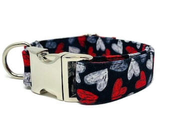 Valentine's Day Hearts Dog Collar, Red, White, Gray hearts collar for boy or girl, Valentine dog collar