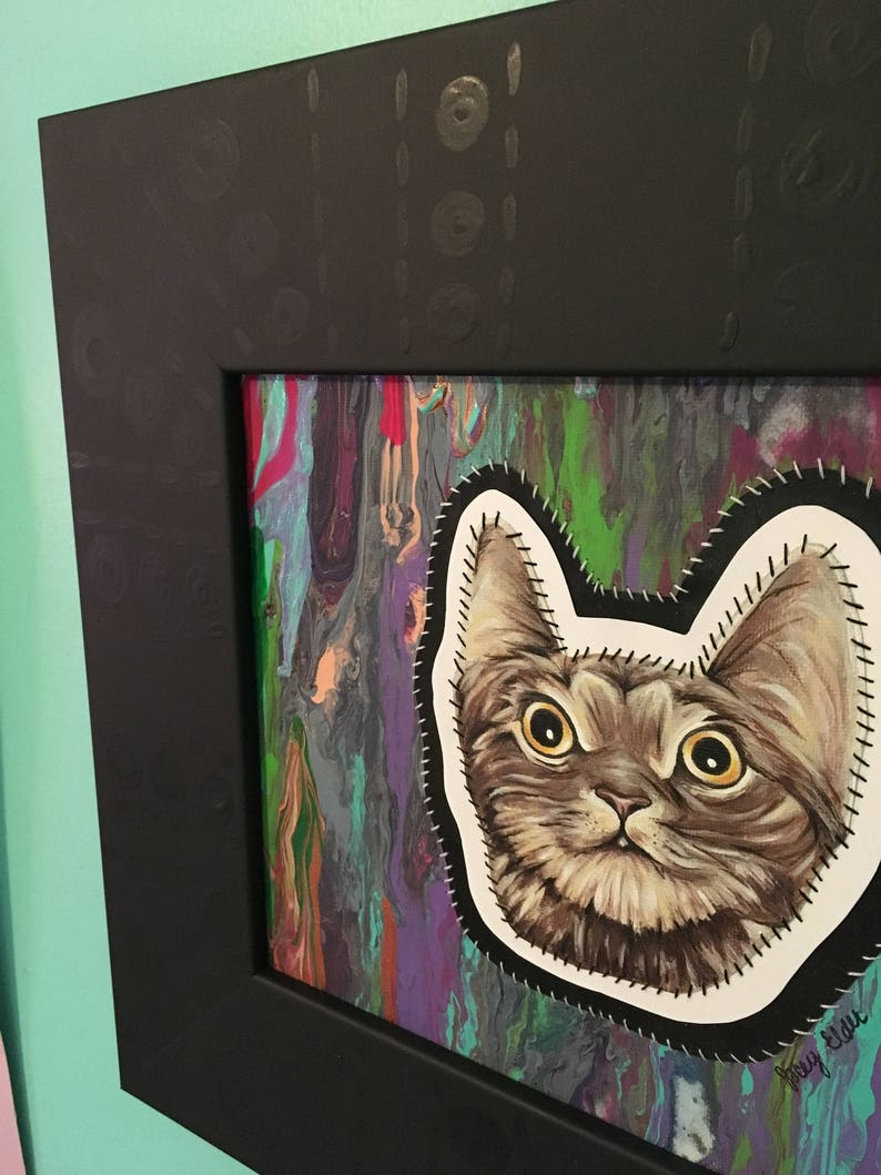 Abstract Cat Face Painting Sewn in Canvas 13.5 X 15.5 mixed Etsy