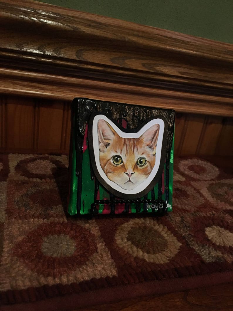 Abstract Cat Face Painting Mixed Media 4x4 Canvas Etsy