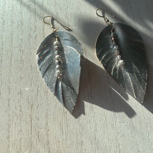 Silver Leather Leaf Earrings