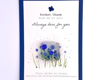 Pocket charm/hug keepsake - Always here for you - sympathy card - bereavement card - fused glass blue flower meadow token and postcard