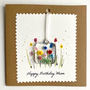 Mum Happy birthday card & gift -garden flowers-with fused glass flower meadow keepsake.- gift present