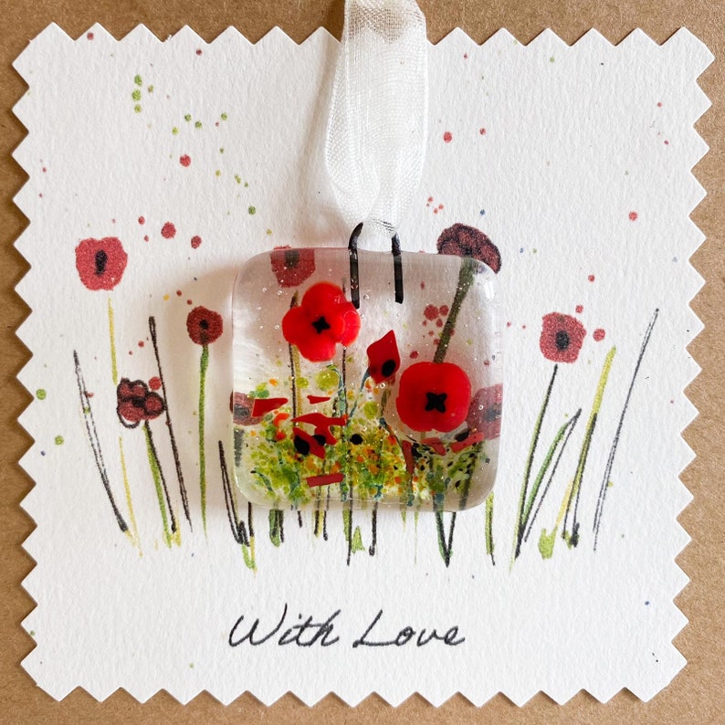 send a note correspondence cards Greetings cards with fused glass flower hanger with love With Love