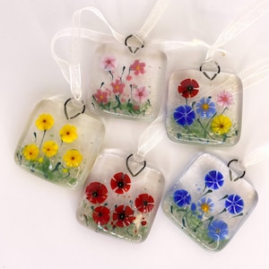 X2 flower hanger of fused glass - flower meadow hangers - red - blue - yellow -pink