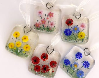 X2 flower hanger of fused glass - flower meadow hangers - red - blue - yellow -pink