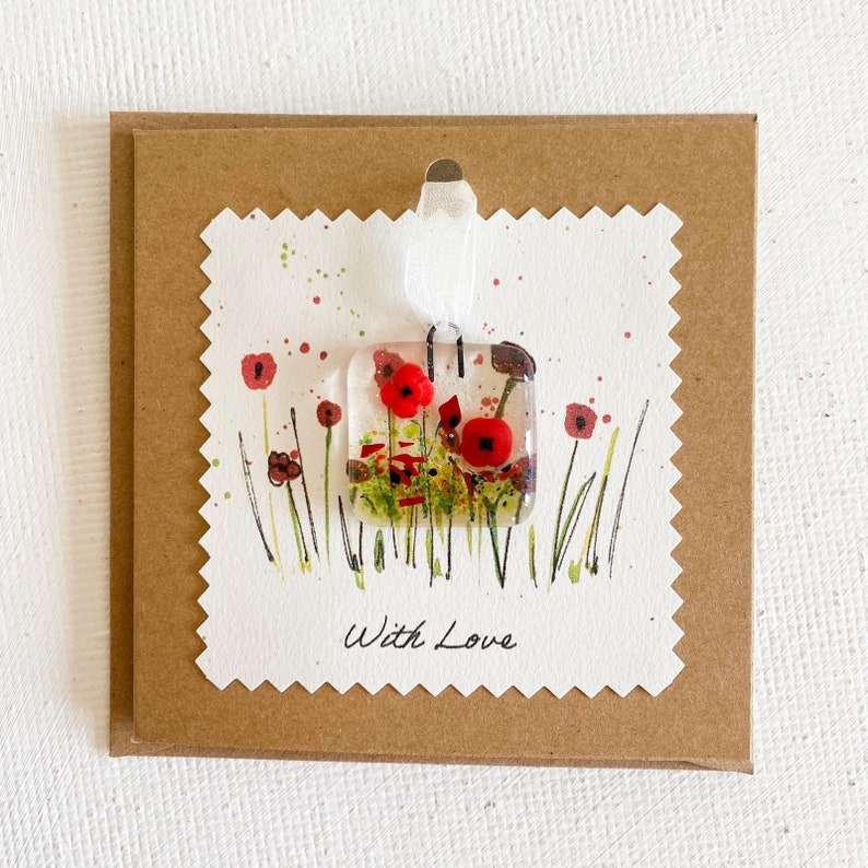 send a note correspondence cards Greetings cards with fused glass flower hanger with love With Love